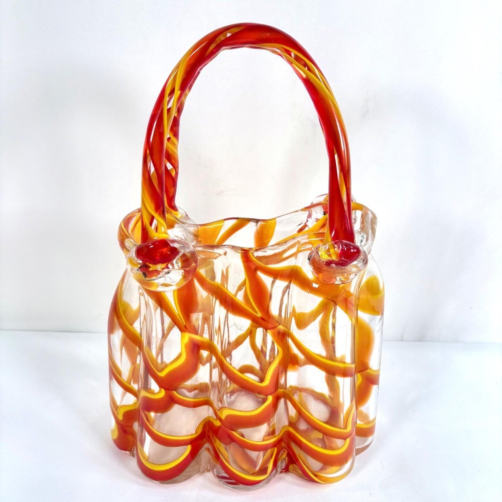 Art Glass Basket Vase Red Yellow Swirl Hand Blown Murano Style Purse Vase 13in